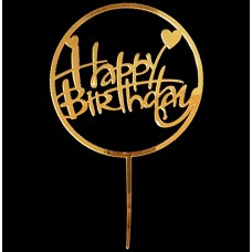 Cake topper Happy Birthday rond hartje goud